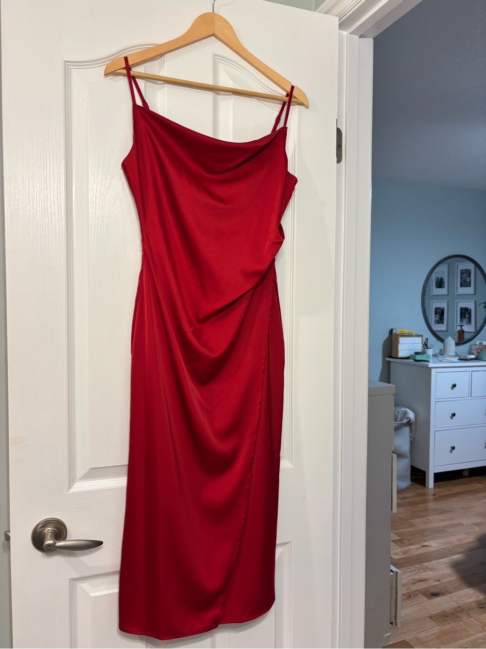 Elegant Red Satin Cowl Midi Dress